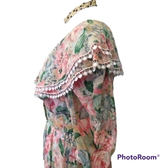 Vintage Kwai Lace Trimmed Exaggerated Collar Floral‎ Full Skirted Dress 60s - Picture 2 of 15